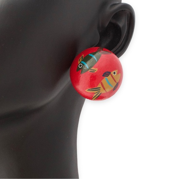 Vintage Hand Painted Fish Stud Earrings Round Red Domed Studs - Picture 2 of 6